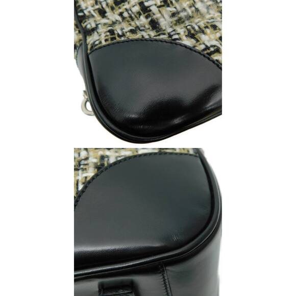 PRADA Boston Handbag Tweed Leather Beige Black Compact